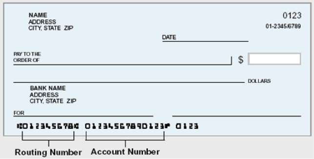 Sample check indicating Routing and Account Number location.